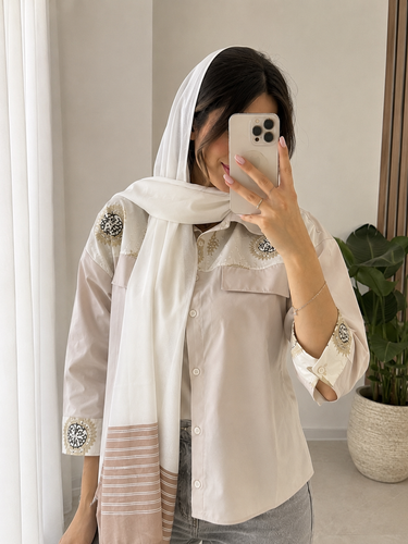 ست کراپ کت لینن کجراه مدل آتریسا و شال کریستال ترک | استایل نیمهرسمی و روزمره